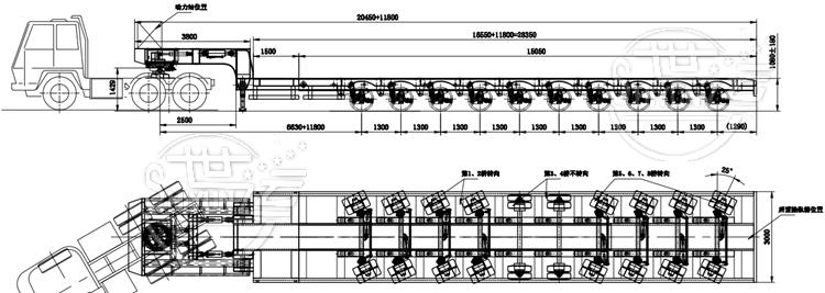 Drawing of 10 Axle Wind Turbine Tower Transport Trailer